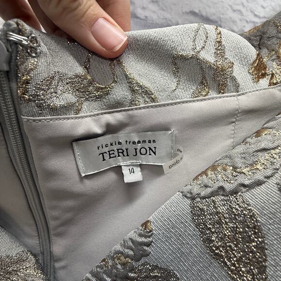 Teri Jon Off The Shoulder Metallic Jacquard A Line Gown Size 14 Silver Gold - Picture 8 of 9